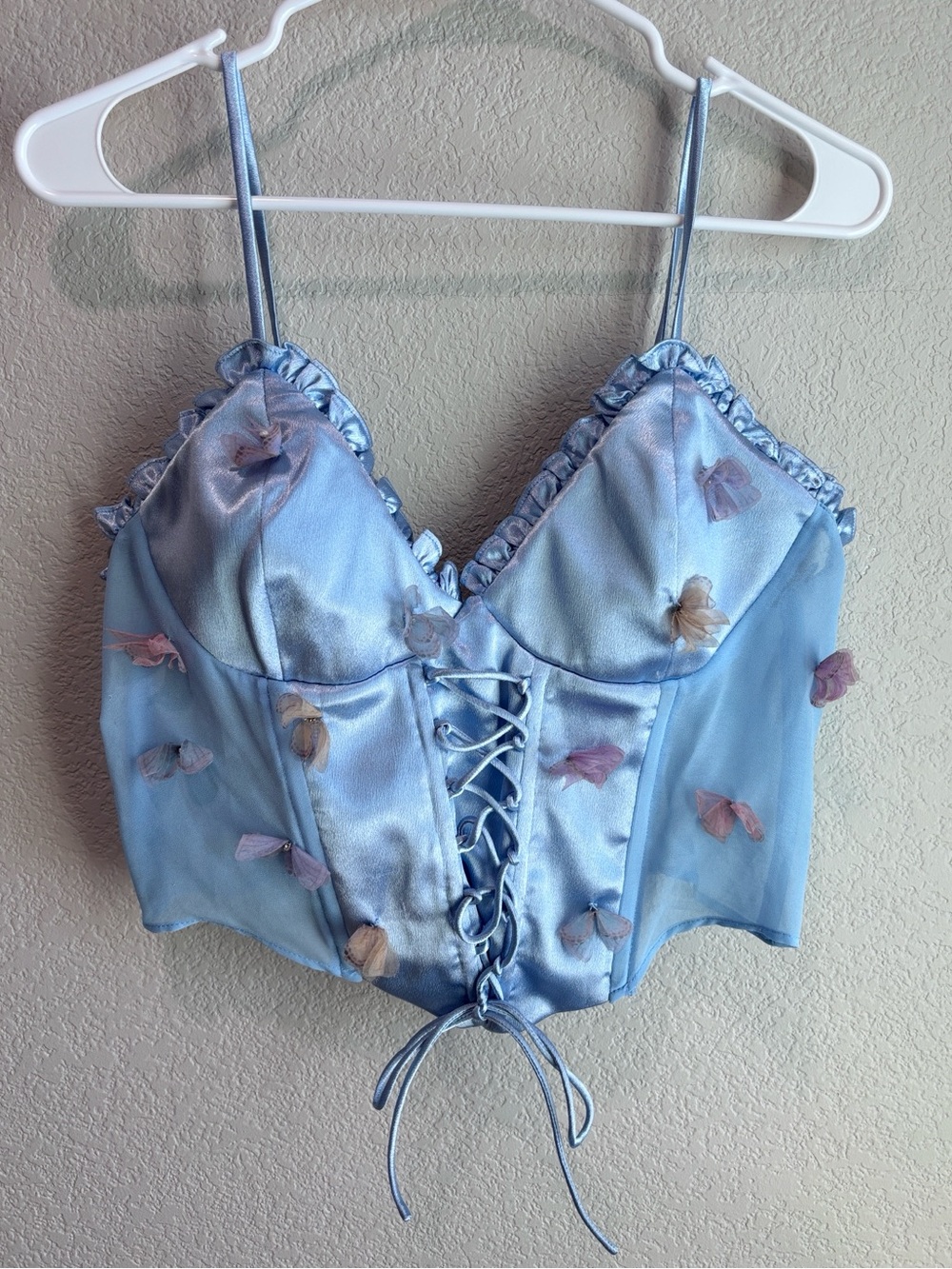 Finesse Faelina Blue Satin Butterfly Corset Crop Top Women’s Size XL